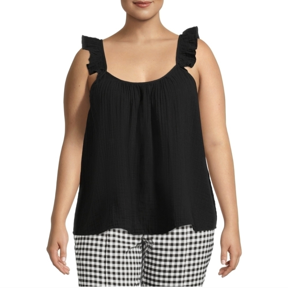 𝅺terra & Sky Women's Plus Size Ruffle‎ Strap Black Tank Top 3X 24W-26W New